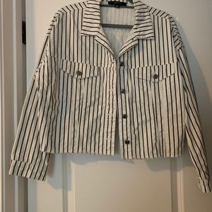 Crop white striped denim jacket